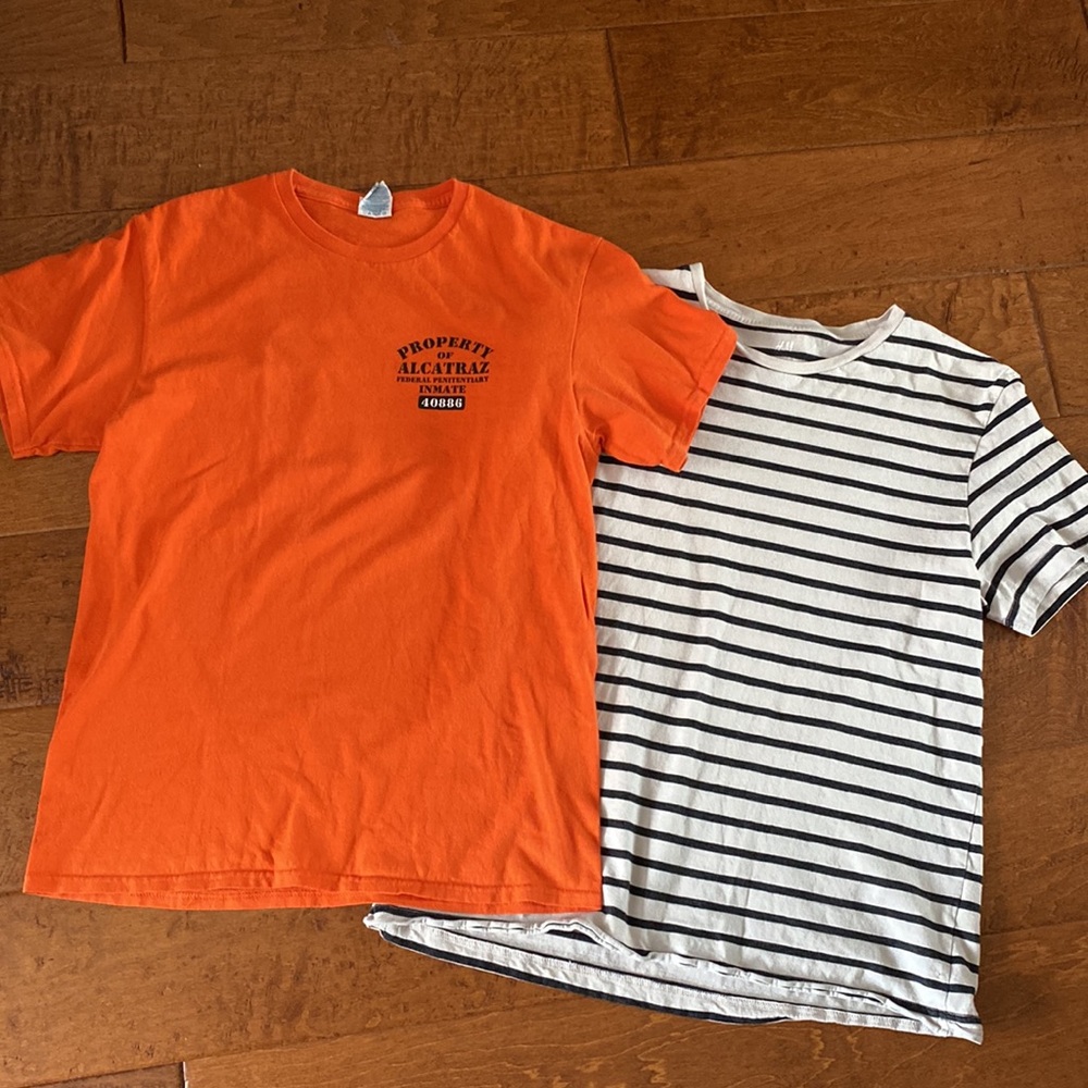 Bundle 2 fun Mens tshirts -orange Alcatraz theme M and H&M black cream striped L